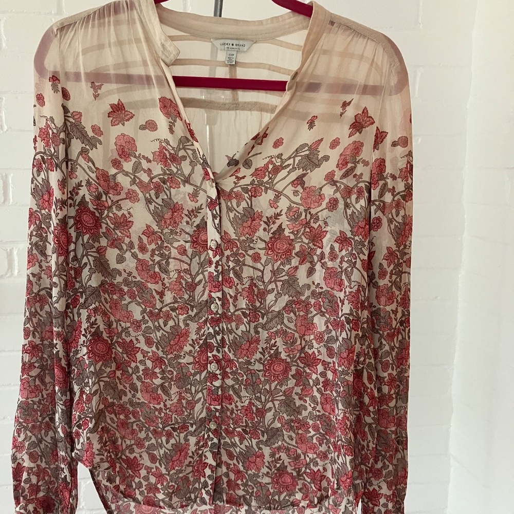Lucky Brand Sheer Floral Button-Down Blouse – Size S/P